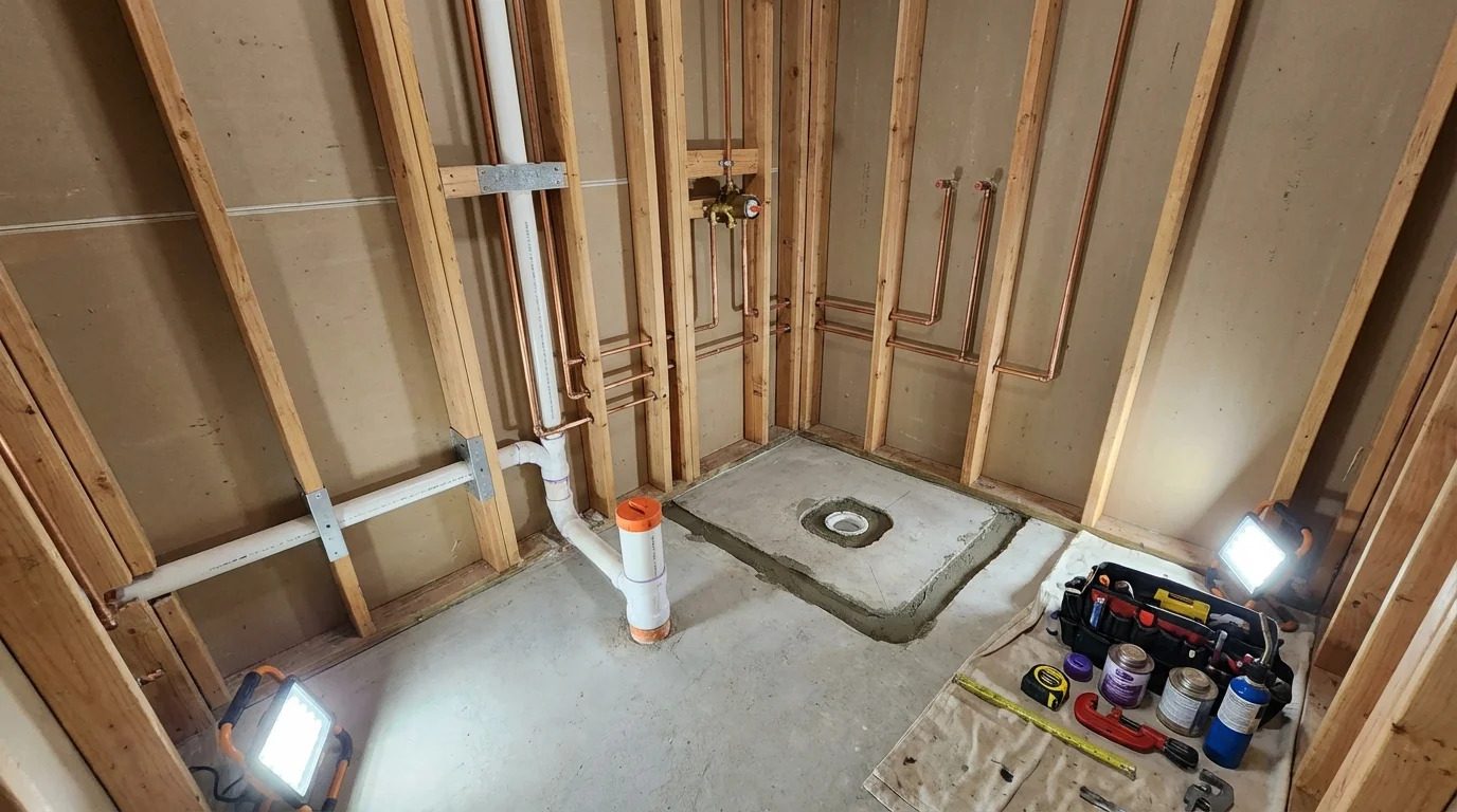 Bathroom rough-in plumbing during remodel by Johns Plumbing LLC in Alta