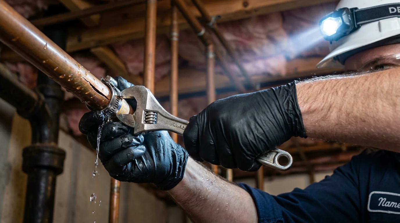 Emergency pipe clamp repair being performed by a Johns Plumbing LLC plumber in Alta