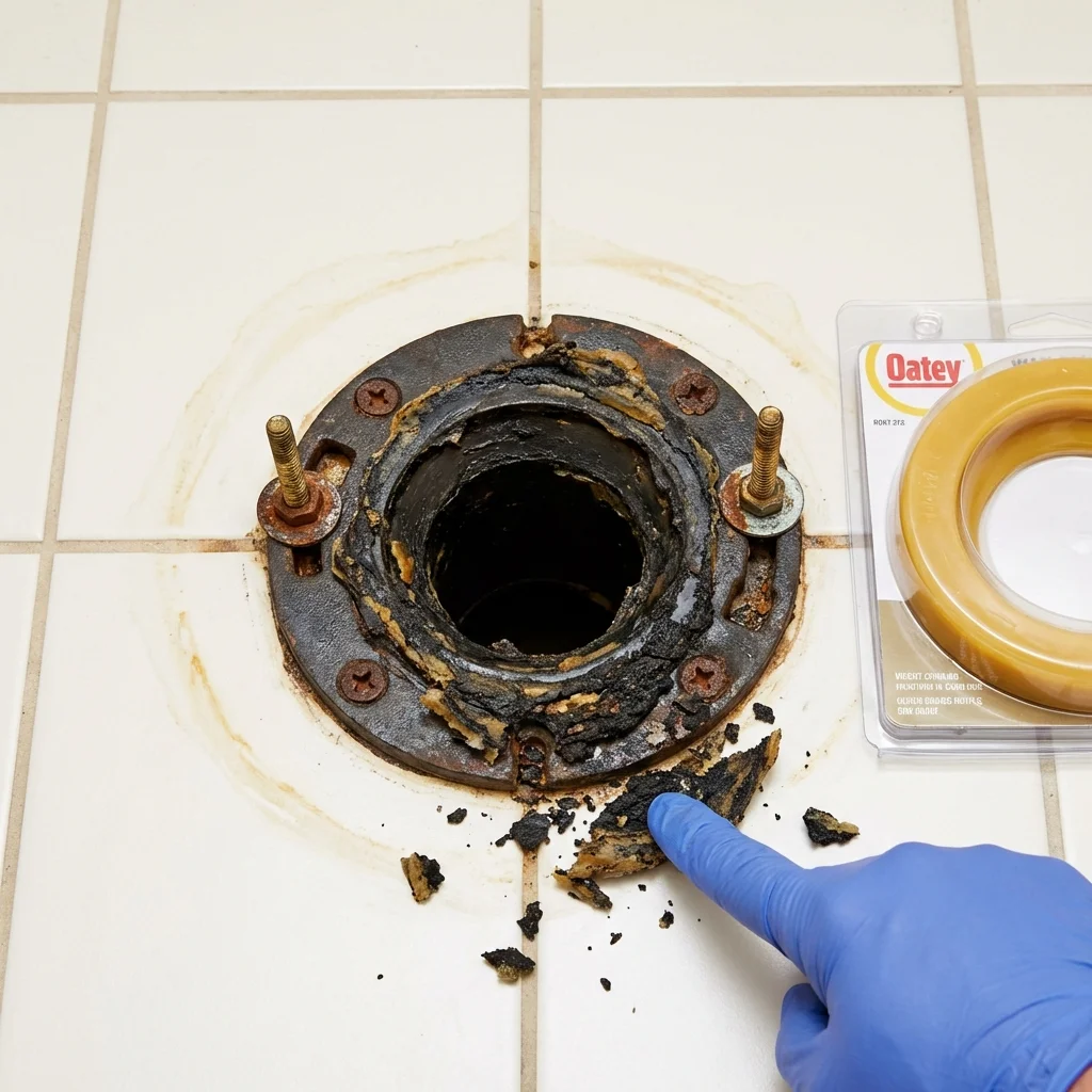 Failed wax ring showing water seepage at the base of a toilet in a Alta, IA home