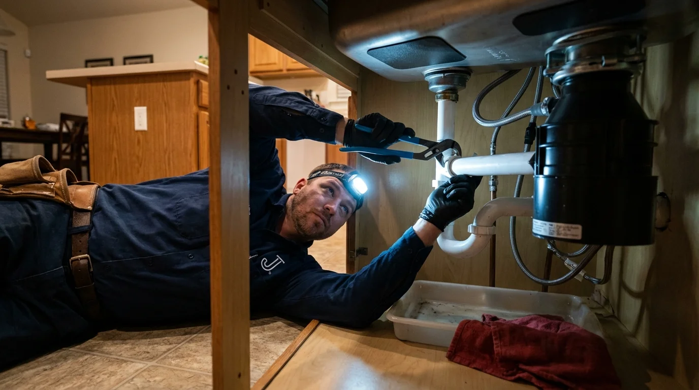 P-trap and supply line connections under a kitchen sink showing a common leak point in Alta, IA